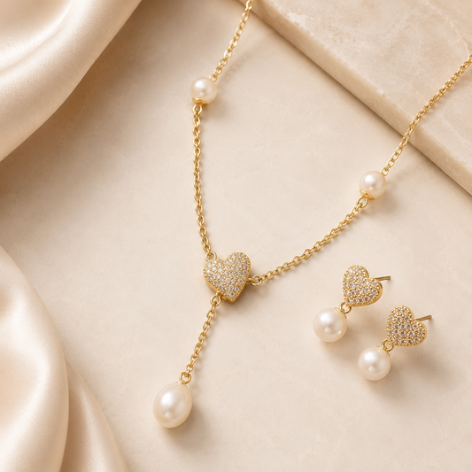 Golden Heart Pearl Drop Set