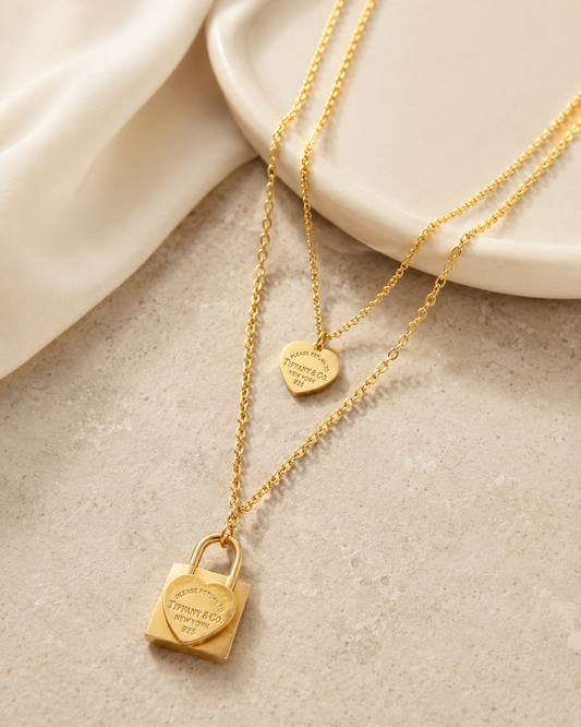 Golden Lock Heart Layered Necklace