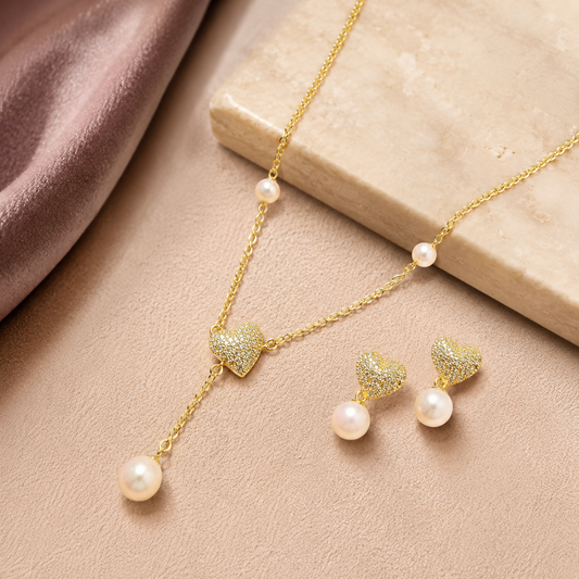 Golden Heart Pearl Drop Set