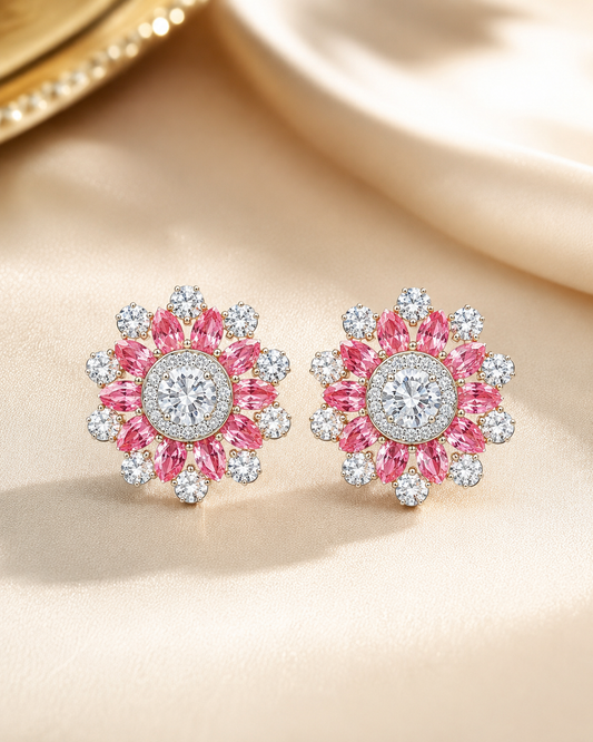 Pink Bloom American Diamond Studs